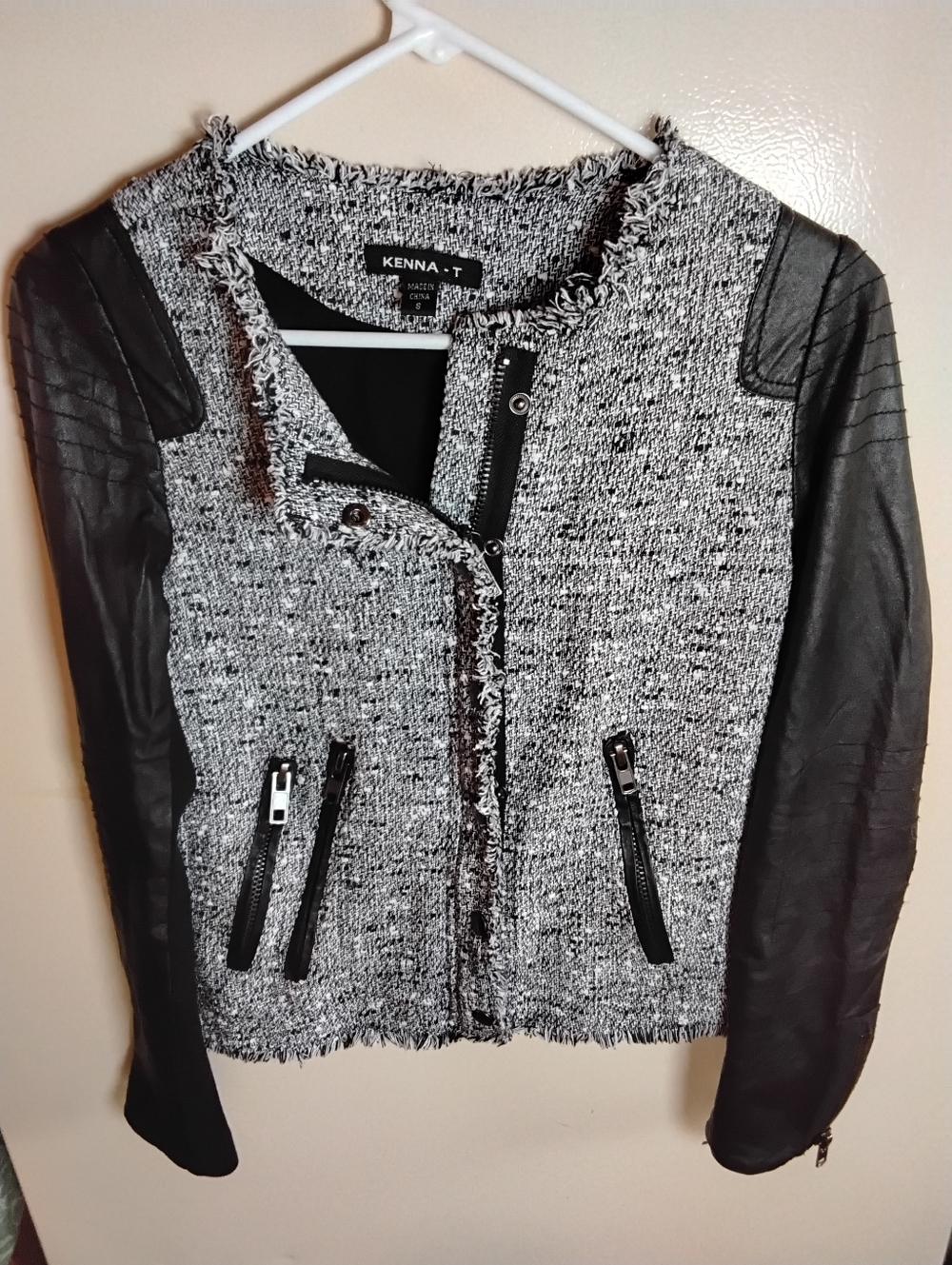 Kenna-T‎ Tweed and Faux Leather Moto Zip Front Jacket Size Small